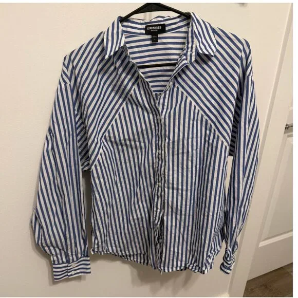 Express blue and white pin striped boyfriend button down shirt Size S - Picture 8 of 8